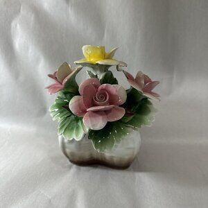 Capodimonte Flower Pink Yellow Roses Nuova Italy Porcelain 5.5" Ceramic Bouquet